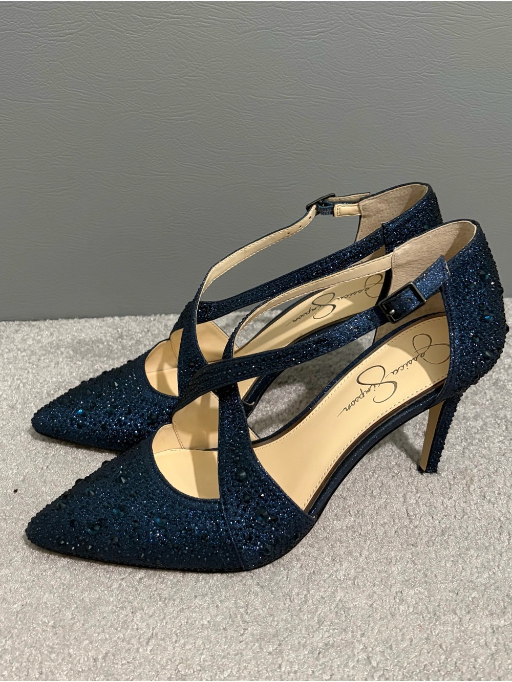 Jessica Simpson Dark Blue Glitter Strappy Pointed-Toe Heels